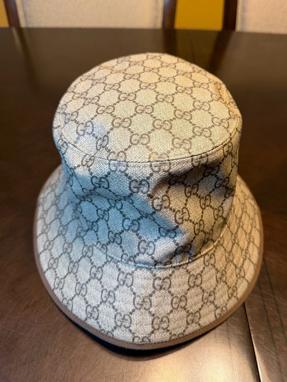 New Authentic Gucci GG Supreme Logo Leather Bucket Hat Tan Brown Size L